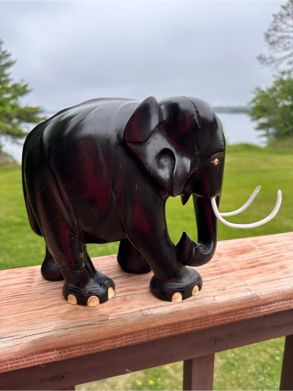 Vintage Lg. Hand Carved Ebony Wood Elephant Statue with inlaid ivory accents